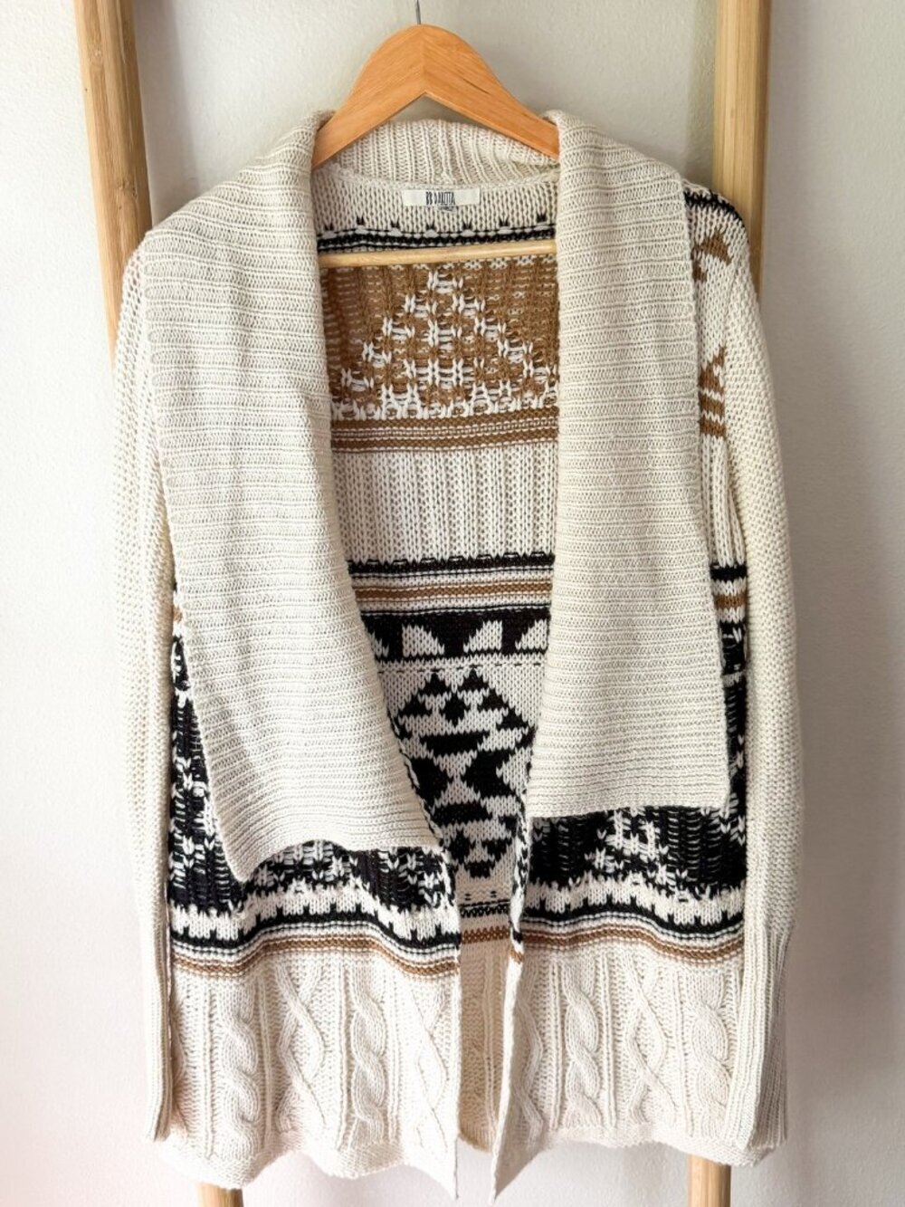 BB Dakota Aztec Tribal Cardigan Shawl Collar Cream Tan Wool Blend XS Boho